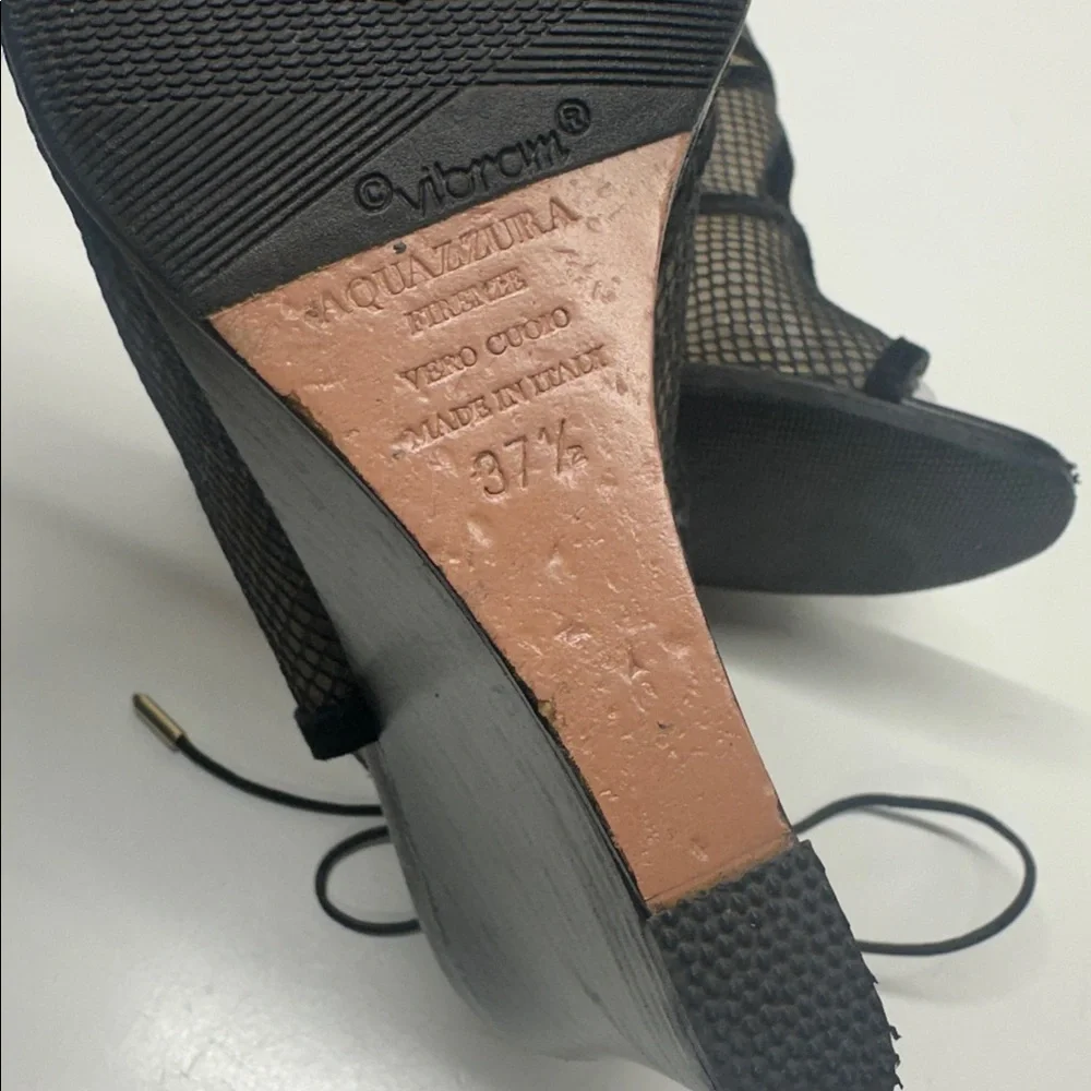 Aquazzura Sexy Thing Suede Wedges Heeled Sandals Open Toe Mesh Black Size 7.5